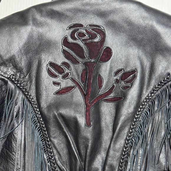 Rose Suede Inlay Black Leather Fringe Braided Moto Biker Jacket High Quality M/L - Picture 15 of 16